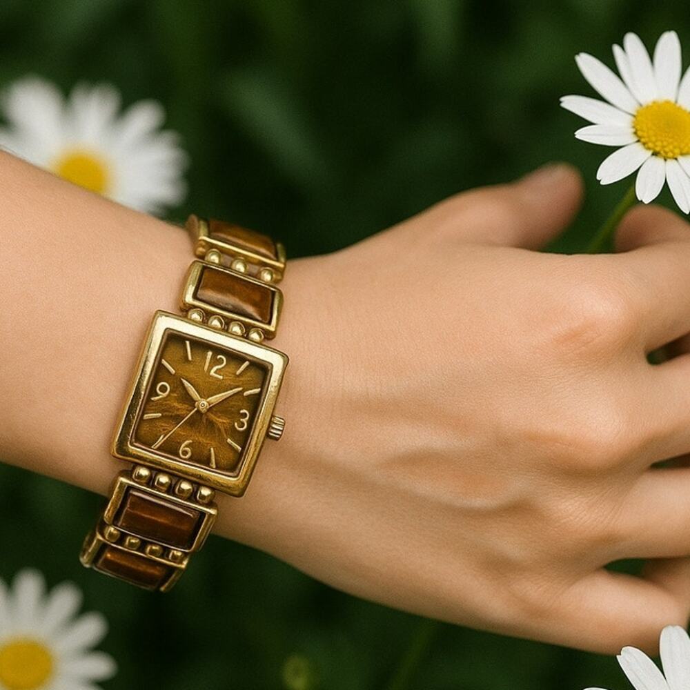 Burgi Gold Tone Tigers Eye Watch